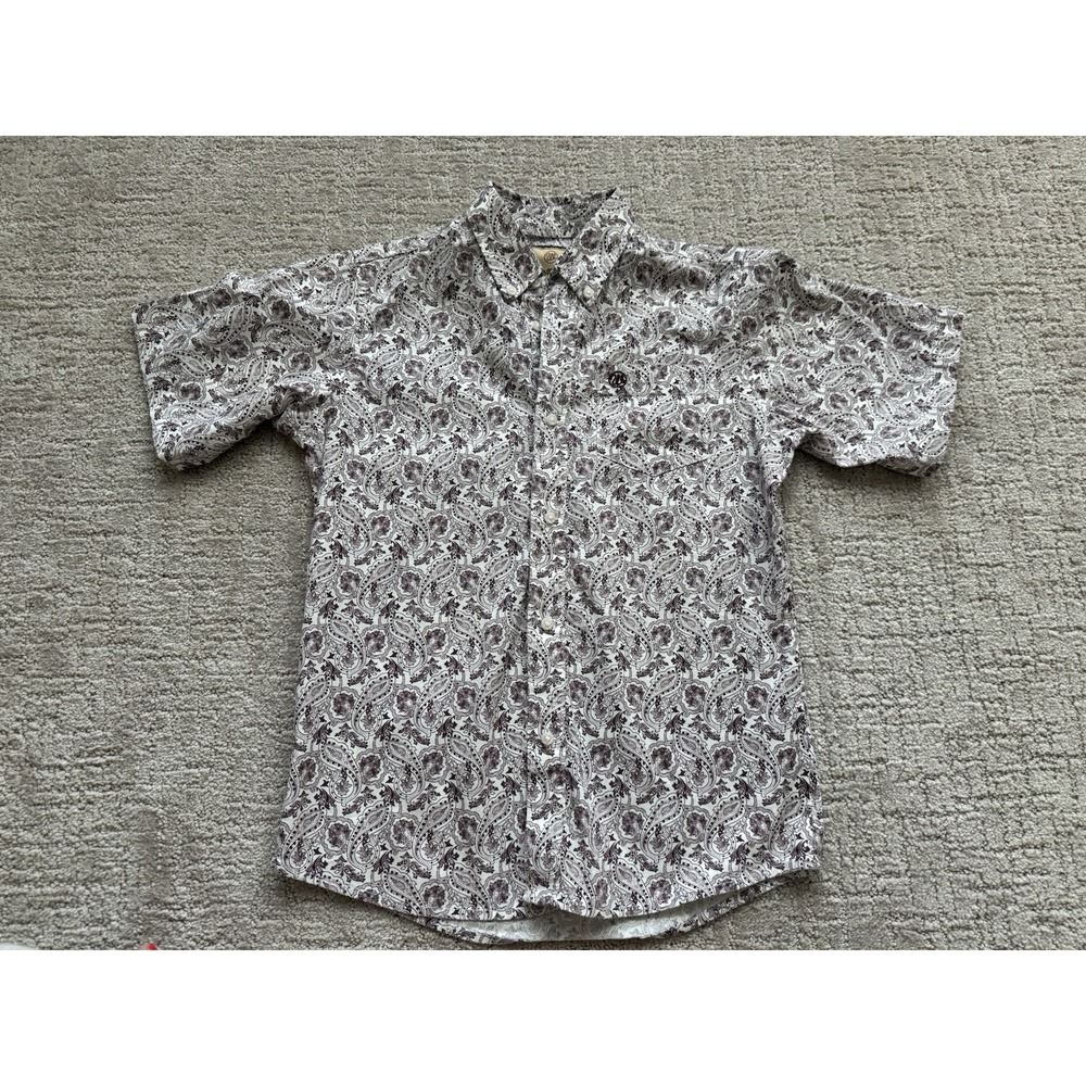 Wrangler Western Shirt Boy's Large Maroon White Paisley Short Sleeve Cowboy EUC